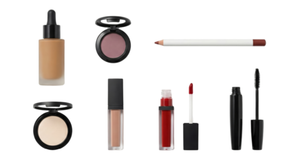 Collection of makeup essentials including foundation blush lip gloss and mascara on isolated