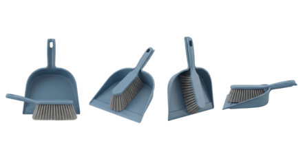 set of four blue plastic dustpan and brush tools with transparent background