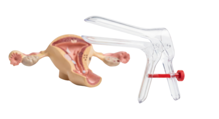 Anatomical model of female reproductive system with medical tools isolated on transparent background