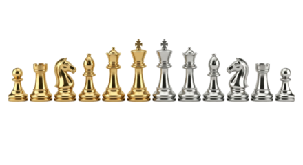 Elegant metallic chess pieces set with gold and silver finish isolated on transparent background