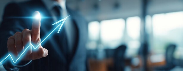 The executive pointing at rising digital arrow chart in modern office environment