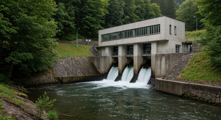 Hydroelectric power plant with water flowing from dam gates. Renewable clean energy generation by hydro power station.