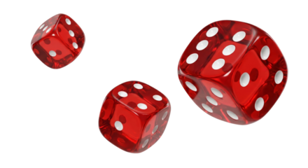 dynamic scene of three red dice with white dots floating on isolated transparent background