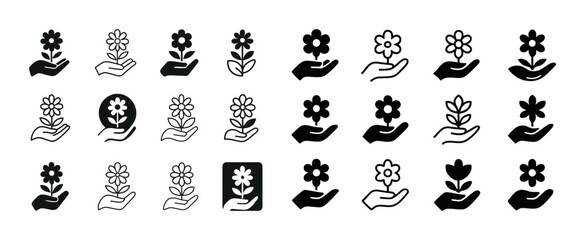 Obraz premium Collection of hand holding flower icons in various styles and de