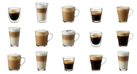 Assortment of sixteen various coffee and latte beverages with layered and topped presentations