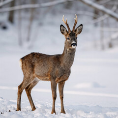 Fototapeta premium Winter scene featuring a roe deer in snow