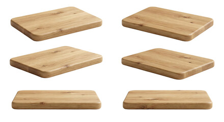 Variety of crafted wooden cutting boards arranged on a black background isolated transparent