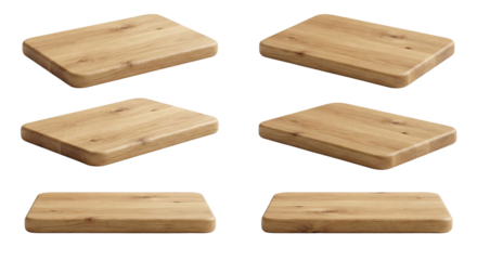 Variety of crafted wooden cutting boards arranged on a black background isolated transparent