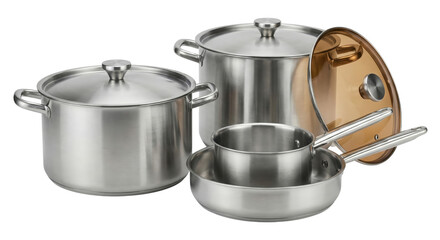 modern stainless steel cookware set with a sleek design isolated transparent background