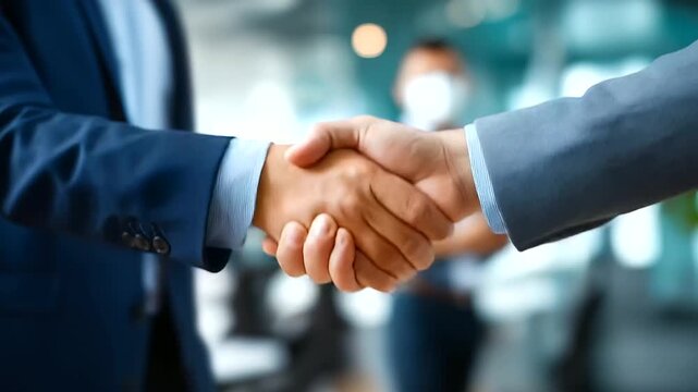 Faceless business handshake representing agreement and corporate collaboration, professional partnership, deal closing moment, defocused office background, contract negotiation, mu