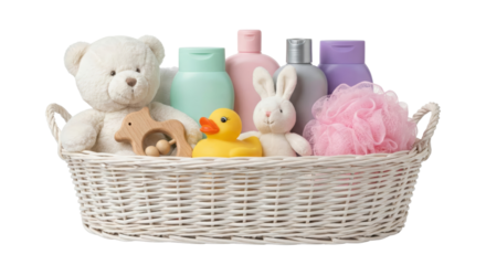 adorable collection of baby toys plush essentials in a white basket isolated background
