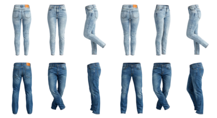 Collection of Various Light and Dark Wash Denim Jeans Arranged on a Black Background for Fashion