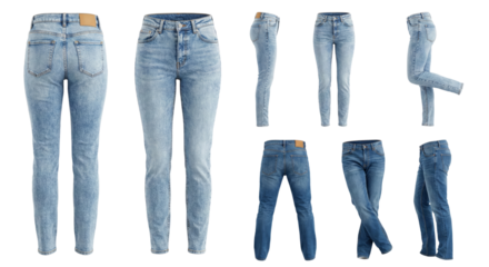 Various Styles of Light Blue Denim Jeans Displayed on Isolated Transparent Background