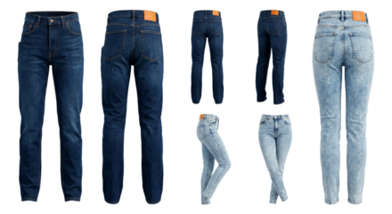 Stylish denim jeans collection showcasing various fits and shades on isolated transparent background