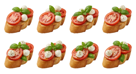 assorted bruschetta appetizers with fresh tomatoes basil and mozzarella isolated on transparent