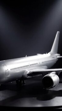 A silver model airplane, meticulously detailed against a dark backdrop with dramatic lighting