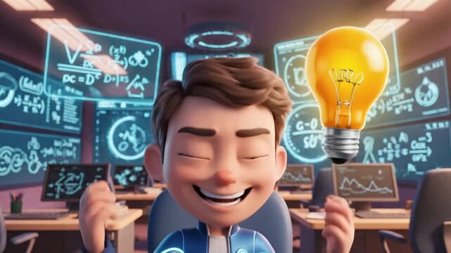 Young boy in lab coat has a brilliant idea with lightbulb above head.
