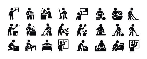 Vector icons of stick figures performing various household chore