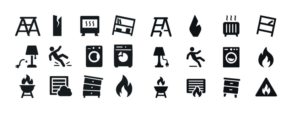 Home safety hazards icon set including fire, electrical, and sli