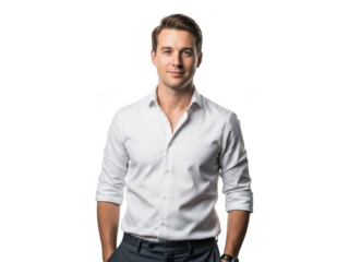 Young man in a white button down shirt with hands in pockets isolated on transparent background
