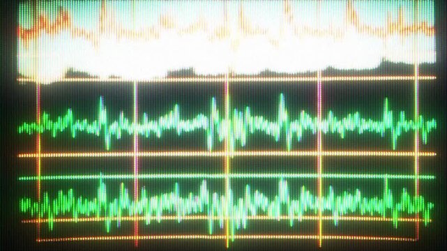 4K Glitch waveform monitor animation, digital signal analysis overlay, oscilloscope data distortion interface, cyber system visualization graphic element