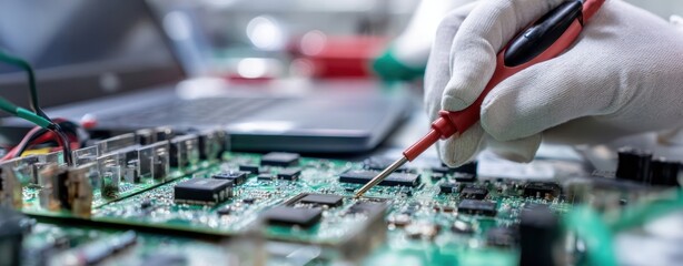 The Circuit Board Being Repaired by a Technician with Precision Tools