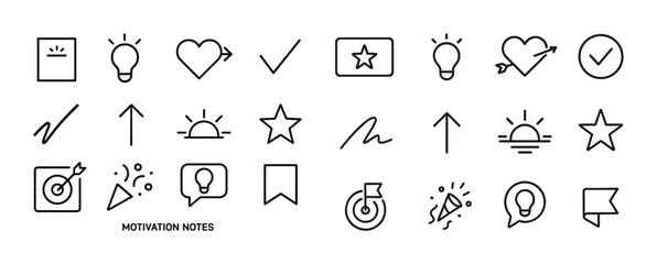 Simple motivational icons set featuring lightbulbs arrows stars