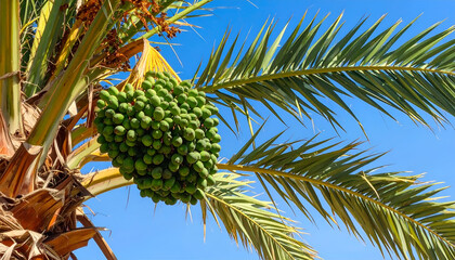 Green Dates Growing on Palm Tree Under Bright Blue Sky.
