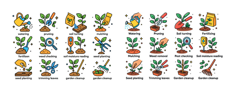 Garden care icons: watering, pruning, soil tending, mulching, fe