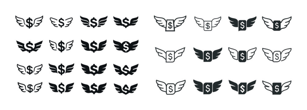 Collection of winged dollar sign icons in various styles and ori