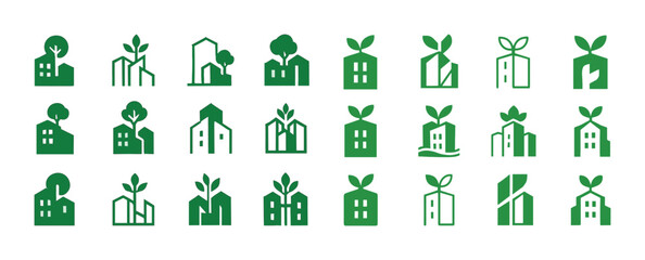 Green building icons set featuring eco-friendly designs and sust