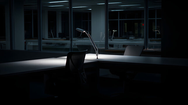 hindsight. Clean modern desk surface in minimalist office space after hours. real-estate listings, architecture portfolios, designed for real-estate listing and luxury residence showcases.