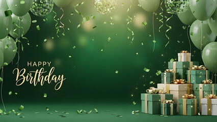 Happy birthday celebration with green gifts and balloons