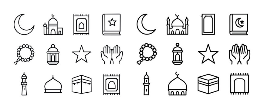 Islamic symbols: mosque, prayer beads, crescent moon, quran, kaa