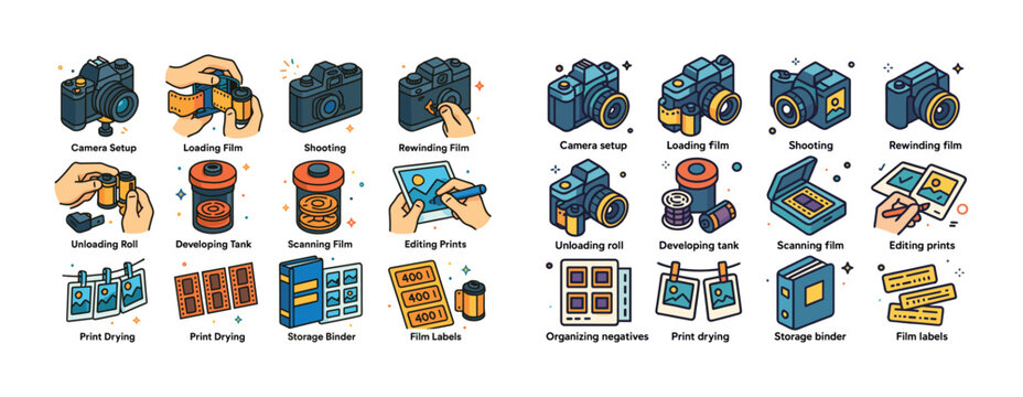 Illustrated steps of film photography: camera setup to editing p