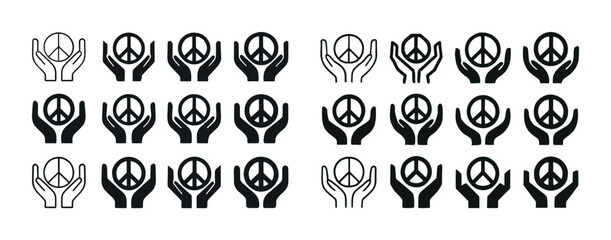Row of hands holding peace symbols in minimalist black and white