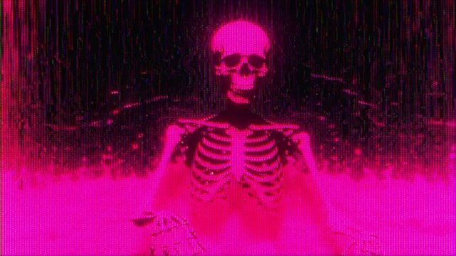 4K Glitch skeleton animation, digital distortion humanoid figure, cyber signal interference overlay, abstract character visual effect layer for motion graphics