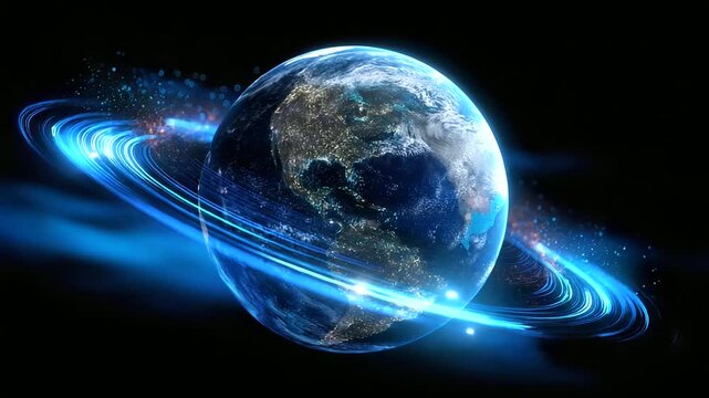 Digital globe with glowing blue ring orbiting it on black background, planetary network visualization, Earth with data halo, global connectivity, technology and communication spher