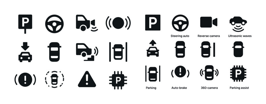 Car safety icons: parking, steering, camera, ultrasonic waves, a
