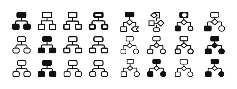 Set of various flowchart icons in black and white
