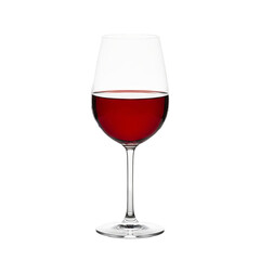 This stock photo features a single object, which is a clear wine glass filled with red wine, standing alone against a transparent backdrop. It conveys