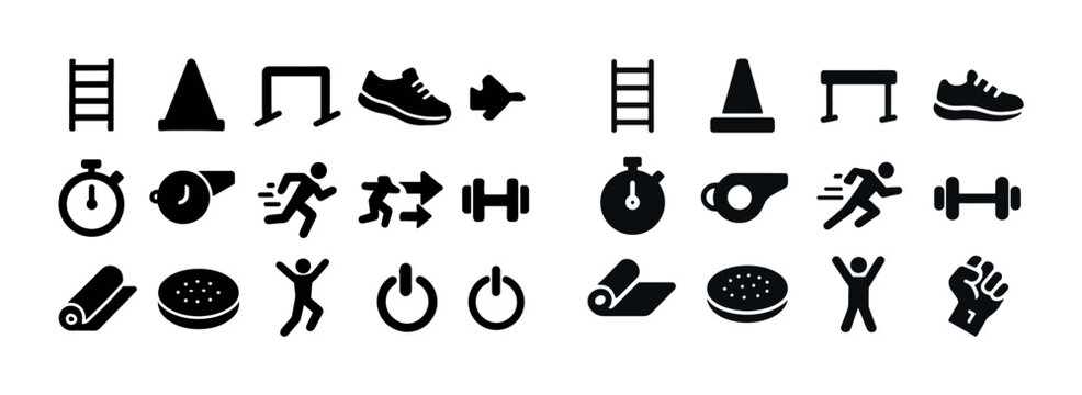 Fitness icon set with equipment, exercise, and activity symbols