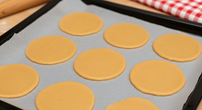 Raw dough circles arranged on baking sheet ready for oven.