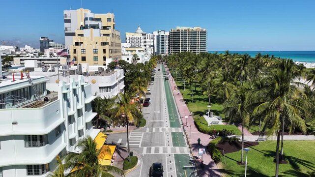 Ocean Drive In Miami Beach Florida United States. Bird Eye View Of A Amazing Coastal Beach In The Summer Holiday. Town Sky Background Backgrounds Urban. Town Outdoors Panoramic. Miami Beach Florida.