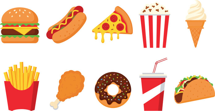 Large set of delicious fast food and junk food icons including burger pizza hot dog and fries isolated on white background.