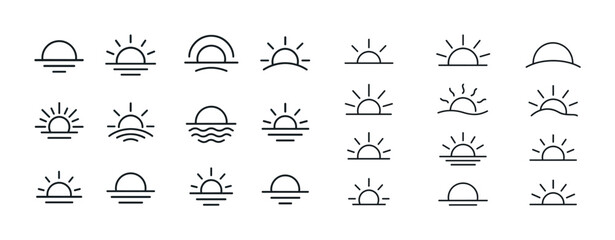 Fototapeta premium Minimalist sunrise sunset icons set with sun and horizon variati