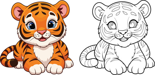 Cute cartoon baby tiger cub sitting with coloring book page line art version isolated on white background for kids education.