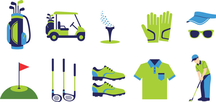 Large set of professional golf equipment icons including golf cart clubs bag ball shoes and apparel isolated on white background.