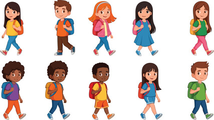 Cute cartoon school children with backpacks walking to school set of diverse boys and girls students isolated on white background.