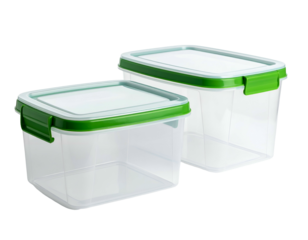 Two clear plastic food storage containers with green lids
